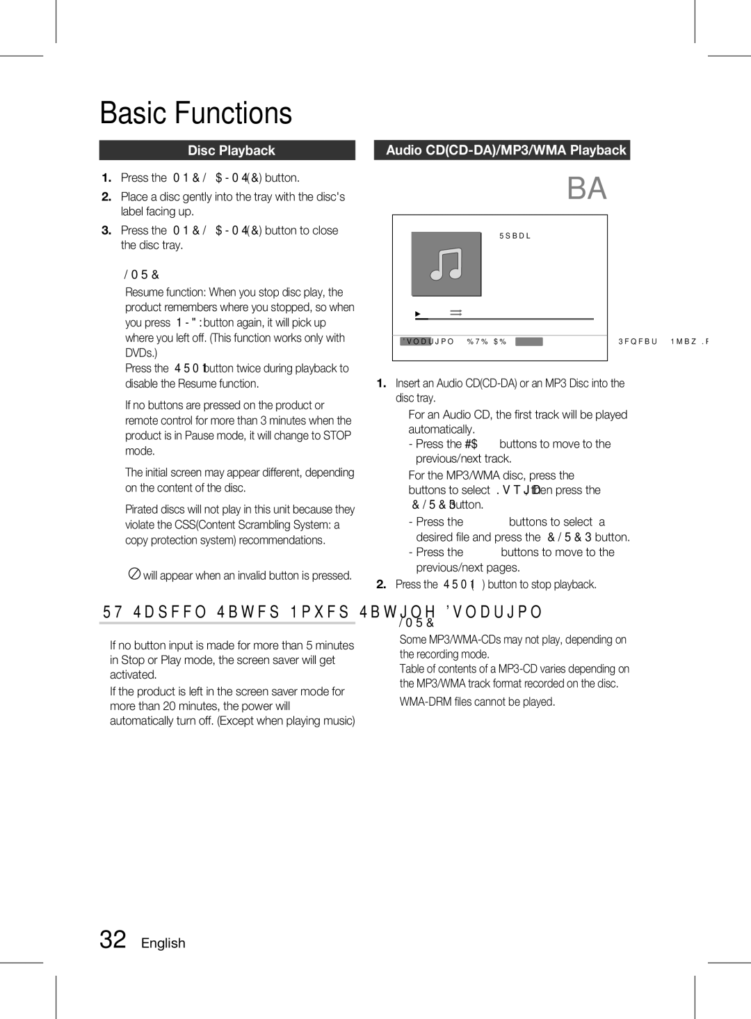 Samsung HT-D555K/XV manual Basic Functions, Disc Playback, Audio CDCD-DA/MP3/WMA Playback, ` WMA-DRM files cannot be played 