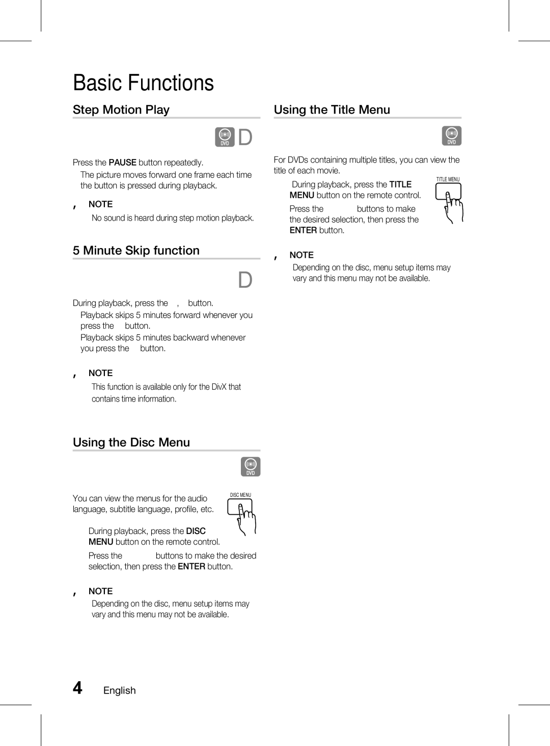 Samsung HT-D555K/XV manual Step Motion Play, Minute Skip function, Using the Title Menu, Using the Disc Menu 