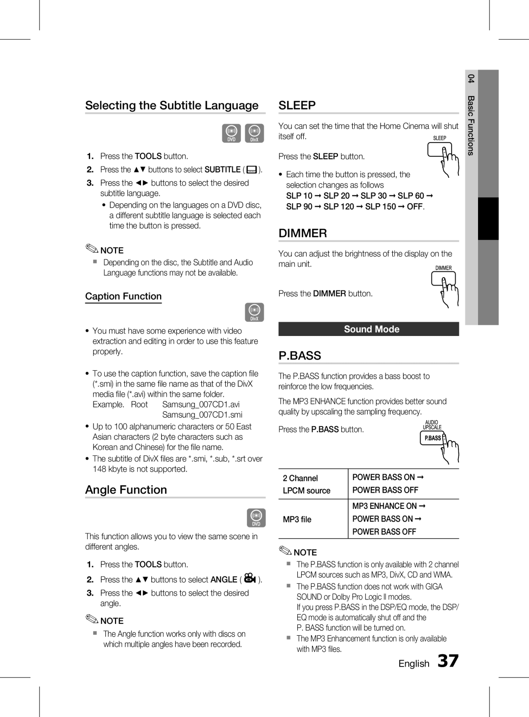 Samsung HT-D555K/XV manual Selecting the Subtitle Language, Angle Function, Caption Function, Sound Mode 