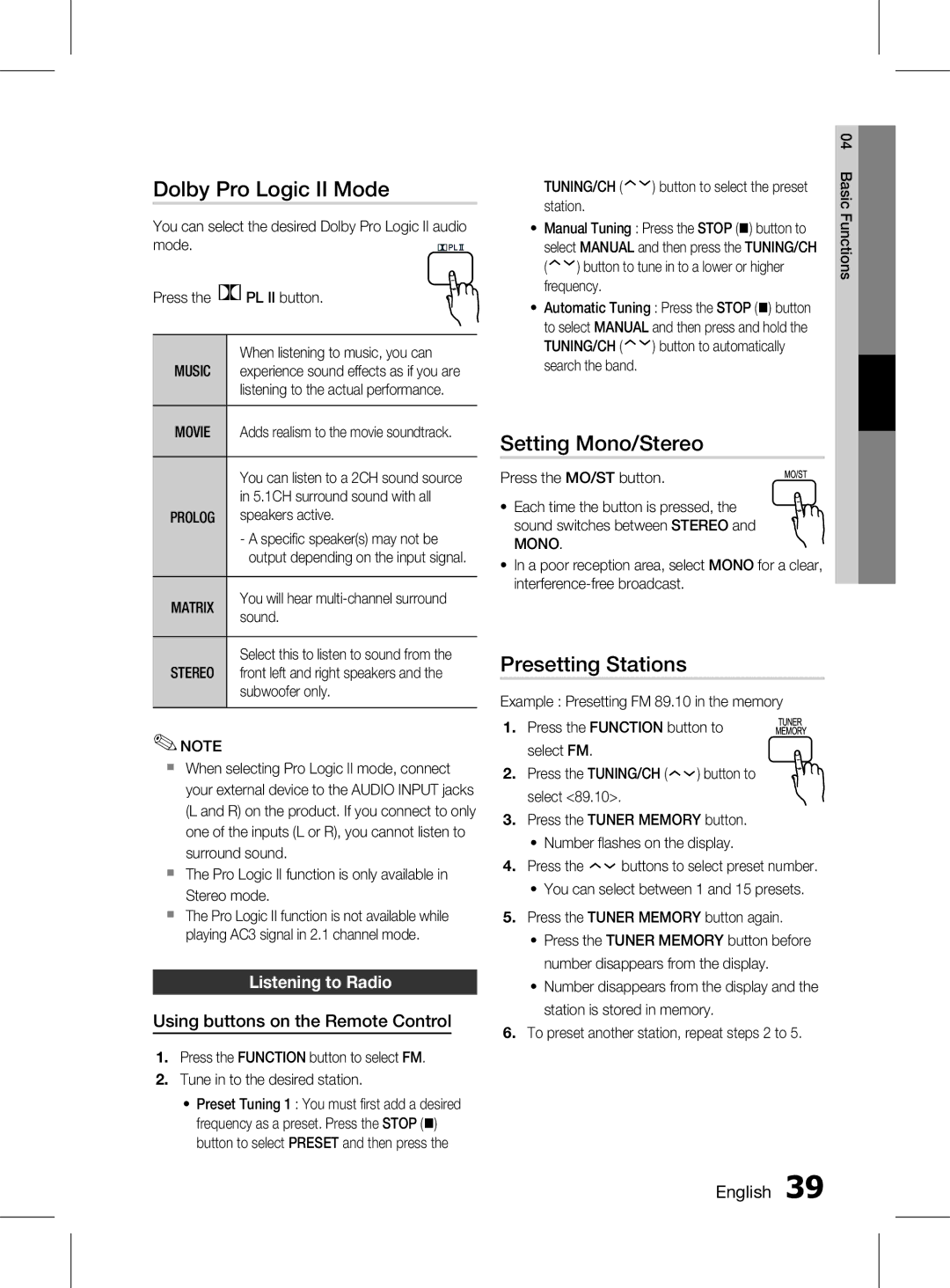 Samsung HT-D555K/XV manual Dolby Pro Logic II Mode, Setting Mono/Stereo, Presetting Stations, Listening to Radio 