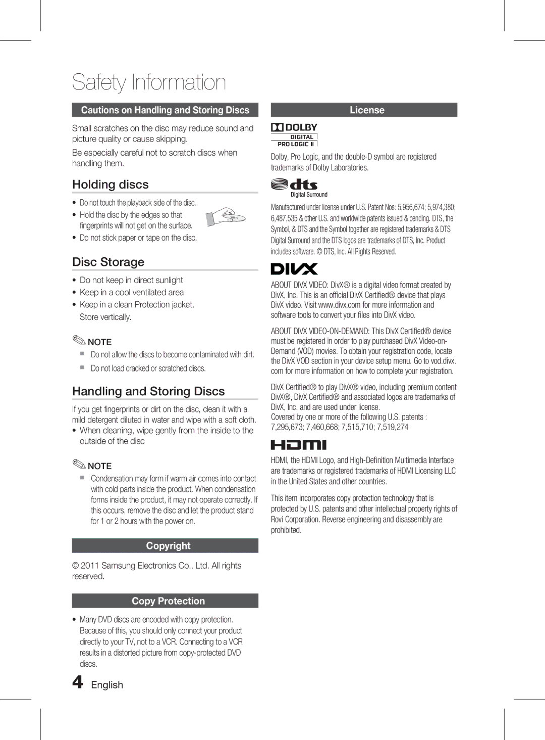 Samsung HT-D555K/XV manual Holding discs, Disc Storage, Handling and Storing Discs, Copyright Copy Protection 