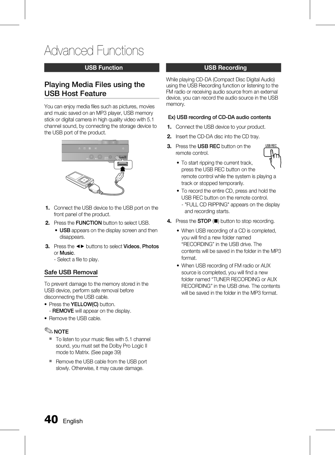 Samsung HT-D555K/XV Advanced Functions, Playing Media Files using the USB Host Feature, USB function, Safe USB Removal 