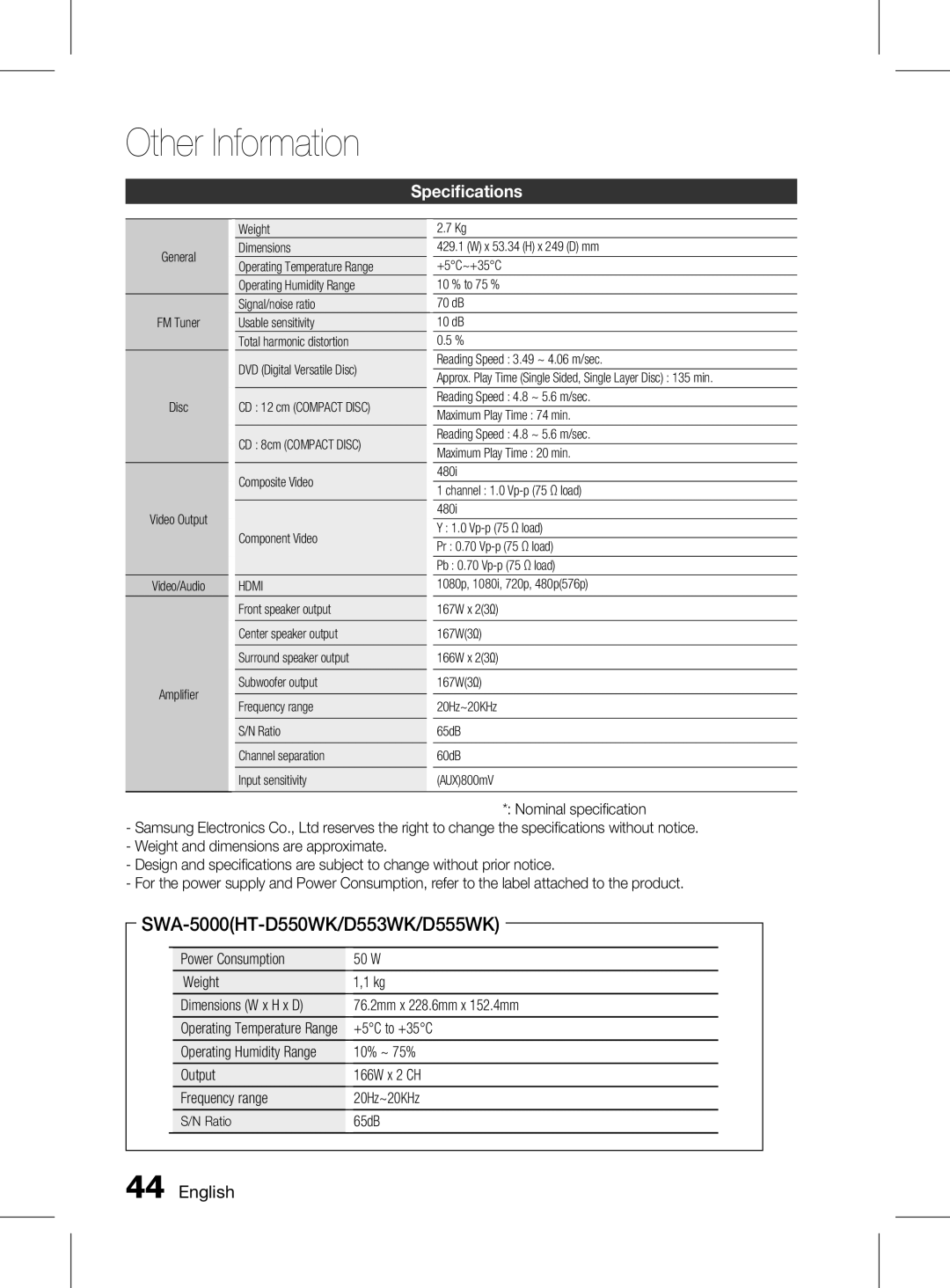 Samsung HT-D555K/XV manual Specifications, +5C to +35C, 10% ~ 75%, Output 166W x 2 CH Frequency range 20Hz~20KHz, 65dB 