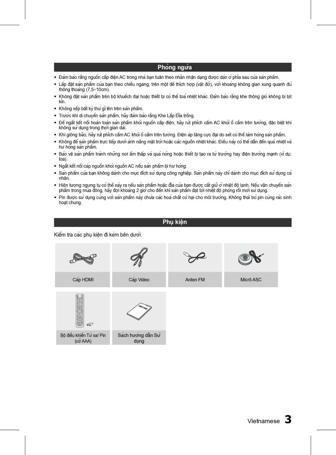 Samsung HT-D555K/XV manual Phòng ngừa, Phụ kiện, Vietnamese, Kiểm tra các phụ kiện đi kèm bên dưới 