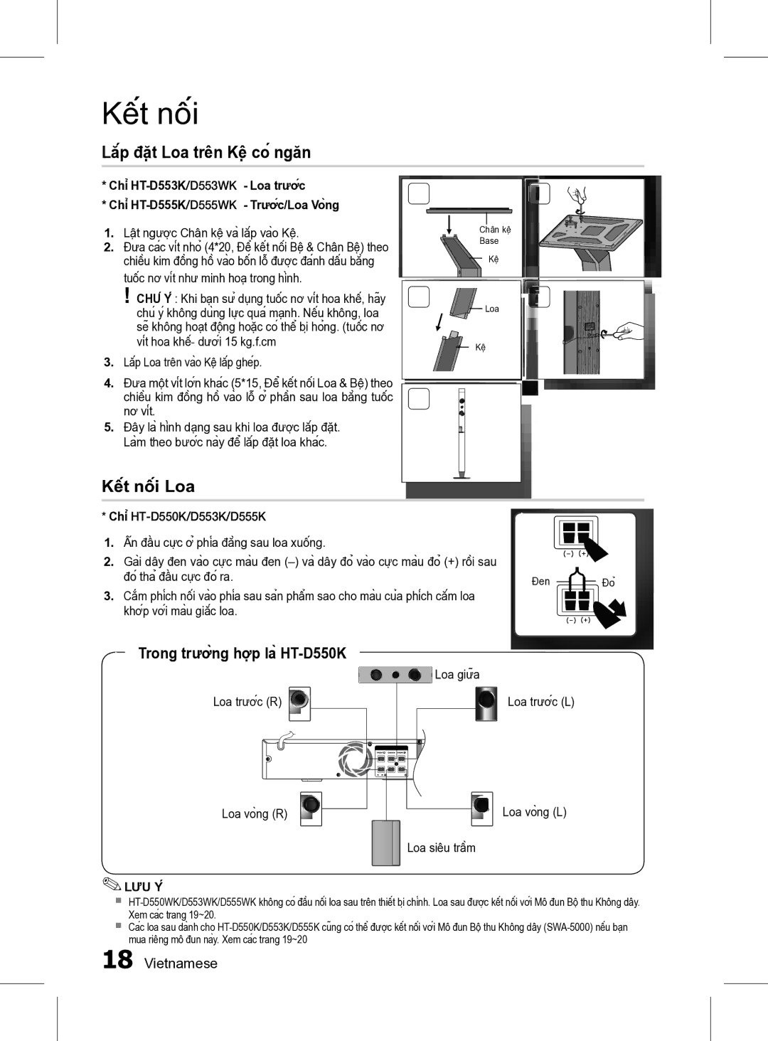 Samsung HT-D555K/XV manual Lắp đặt Loa trên Kệ có ngăn, Kết nối Loa 