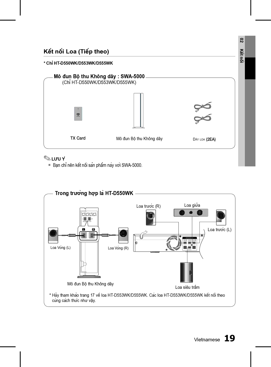 Samsung HT-D555K/XV manual Kết nối Loa Tiếp theo, ` Bạn chỉ nên kết nối sản phẩm này với SWA-5000, Loa trước R 