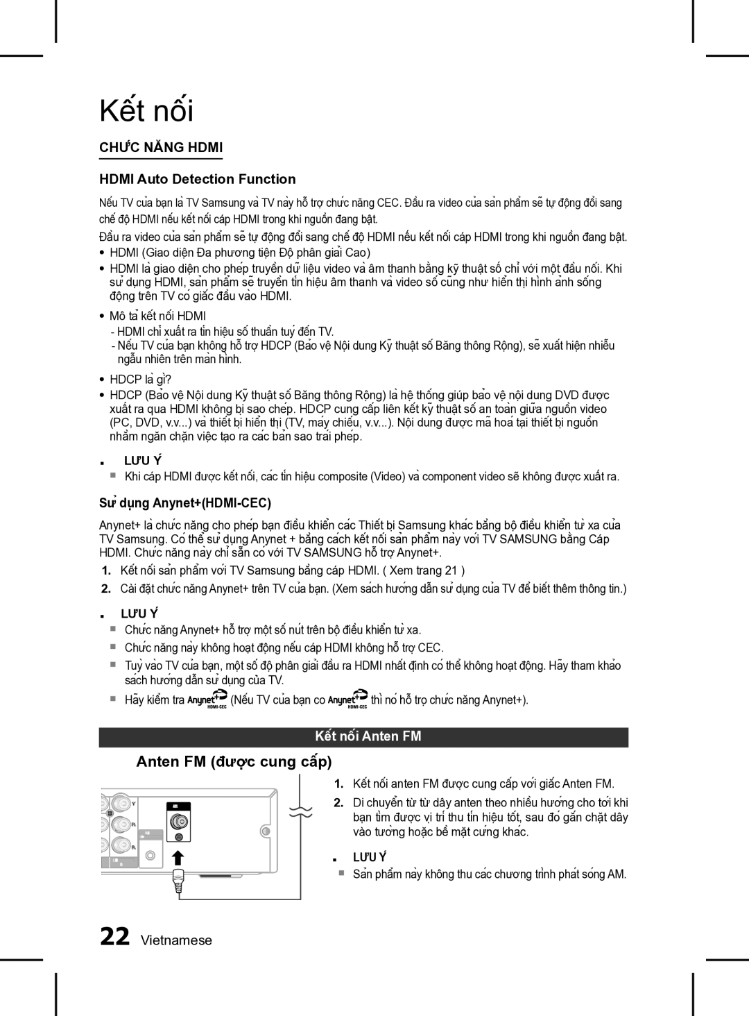 Samsung HT-D555K/XV manual CHỨC NăNG Hdmi Hdmi Auto Detection Function, Sử dụng Anynet+HDMI-CEC, Kết nối Anten FM 