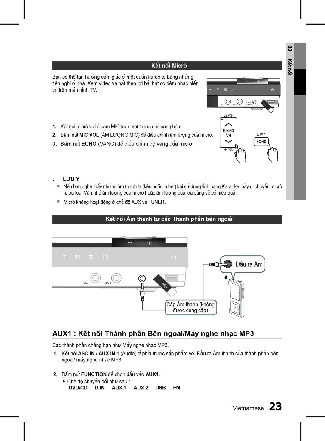 Samsung HT-D555K/XV manual AUX1 Kết nối Thành phần Bên ngoài/Máy nghe nhạc MP3, Kết nối Micrô, Vietnamese  