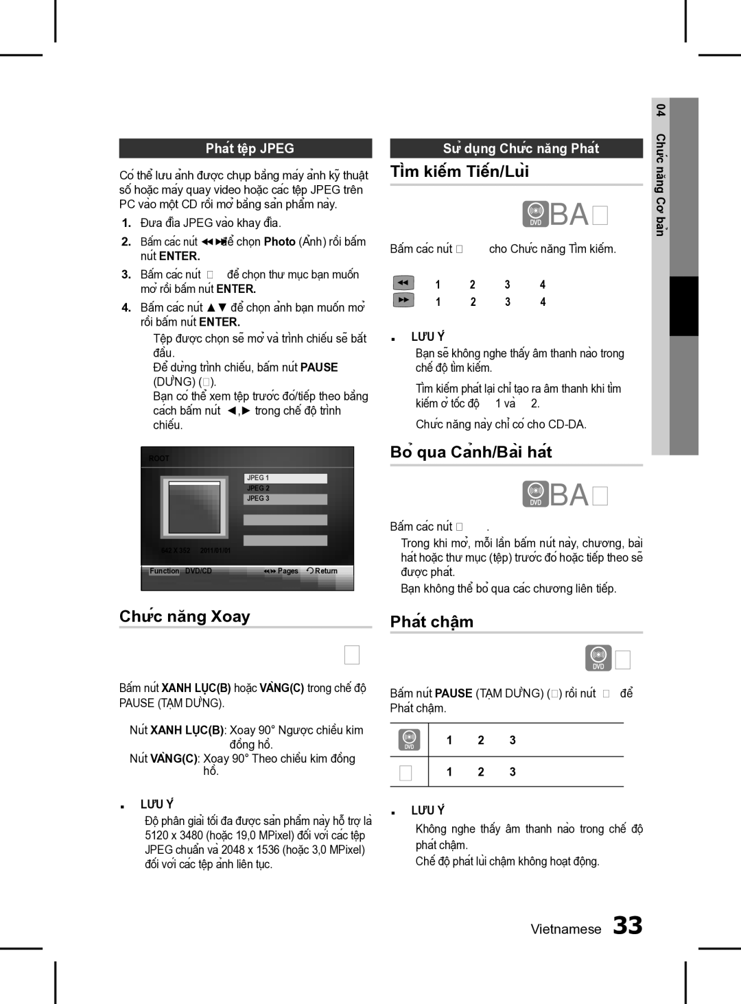 Samsung HT-D555K/XV manual Bỏ qua Cảnh/Bài hát, Chức năng Xoay Phát chậm, Phát tệp Jpeg Sử dụng Chức năng Phát 