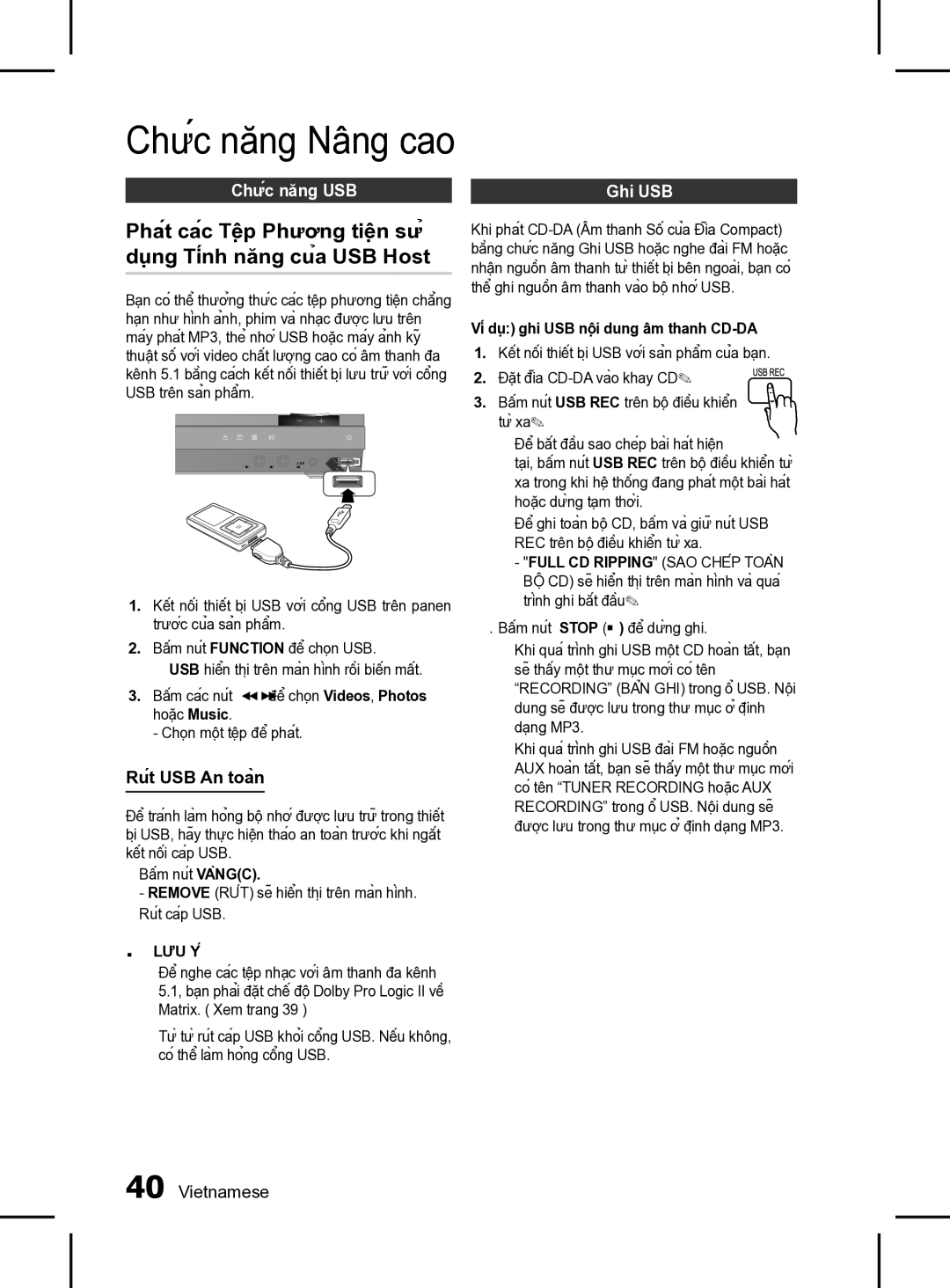 Samsung HT-D555K/XV manual Chức năng Nâng cao, Chức năng USBGhi USB, Full CD Ripping SAO CHÉP TOÀN 