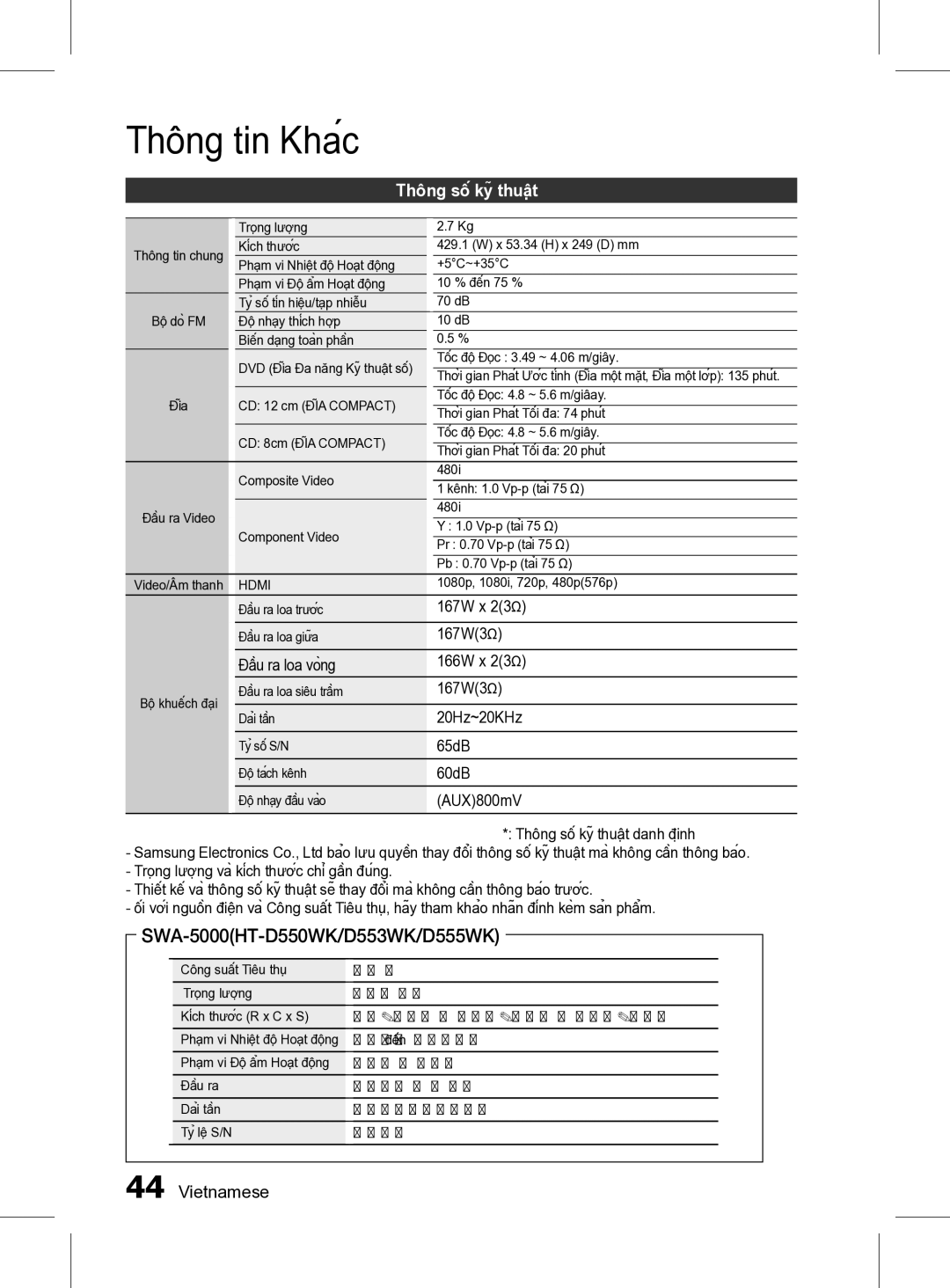 Samsung HT-D555K/XV manual Thông số kỹ thuật, 167W x 23Ω, 167W3Ω, Đầu ra loa vòng 166W x 23Ω, 60dB 