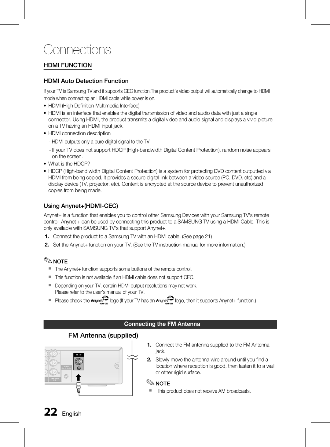 Samsung HT-D555K/HC FM Antenna supplied, Hdmi Auto Detection Function, Using Anynet+HDMI-CEC, Connecting the fm Antenna 