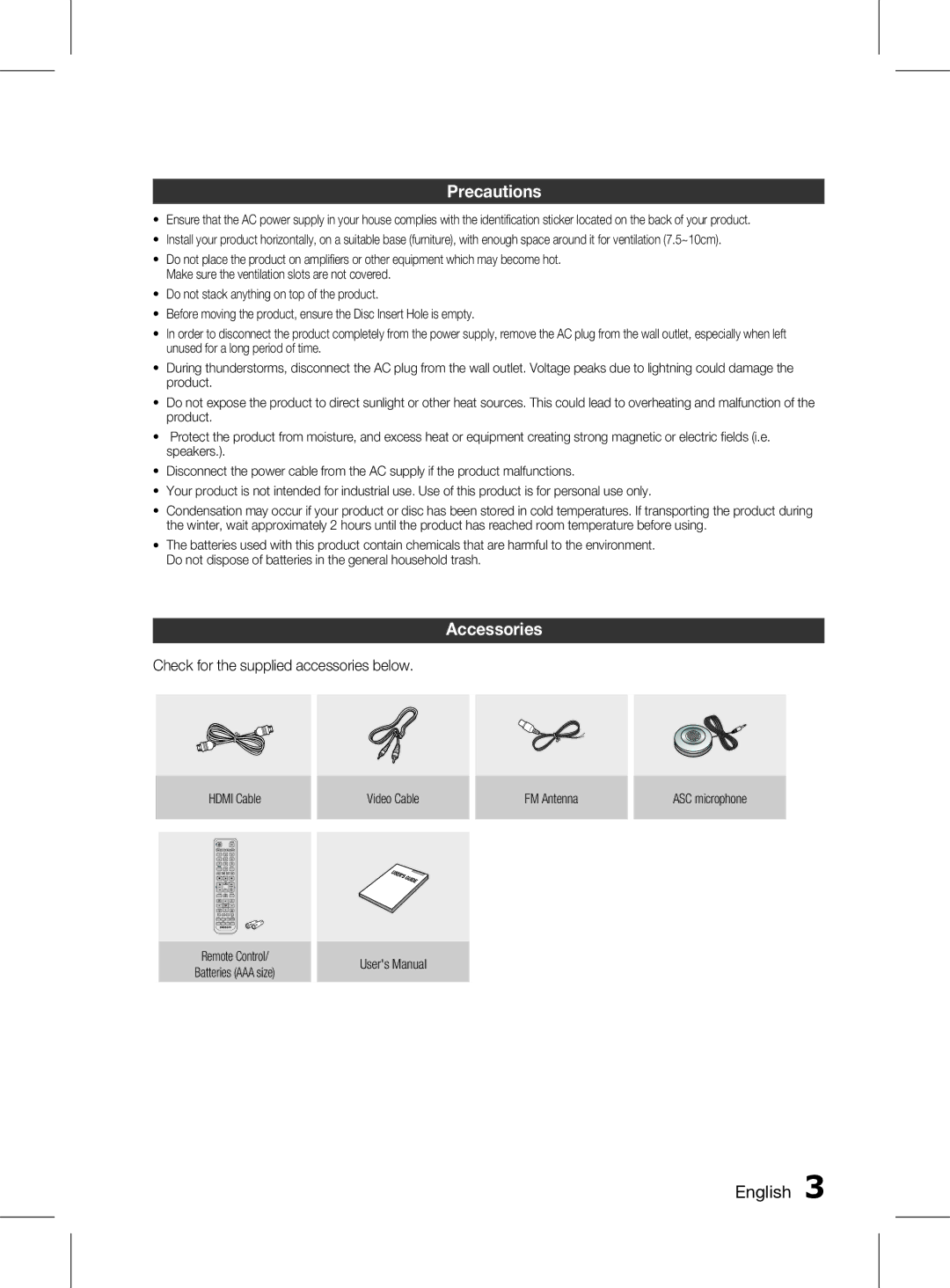 Samsung HT-D555WK/HC manual Precautions, Accessories, English , Check for the supplied accessories below, FM Antenna 