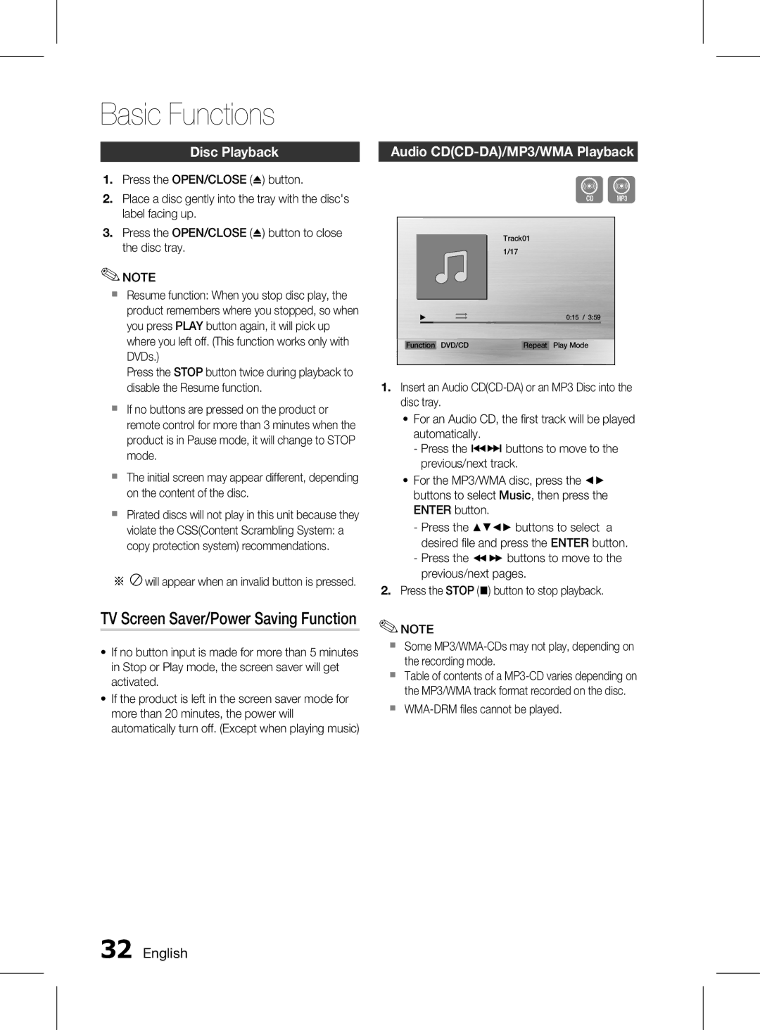 Samsung HT-D550WK/UM Basic Functions, TV Screen Saver/Power Saving Function, Disc Playback, Audio CDCD-DA/MP3/WMA Playback 