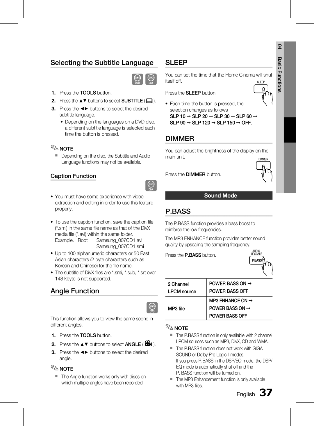 Samsung HT-D555WK/UM, HT-D555WK/ZN manual Selecting the Subtitle Language, Angle Function, Caption Function, Sound Mode 