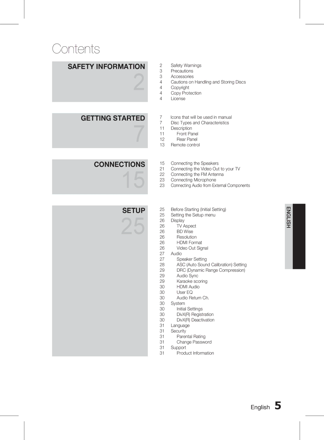 Samsung HT-D553WK/UM, HT-D555WK/ZN, HT-D555K/HC, HT-D555WK/UM, HT-D555WK/HC, HT-D550WK/UM, HT-D550WK/ZN manual Contents 