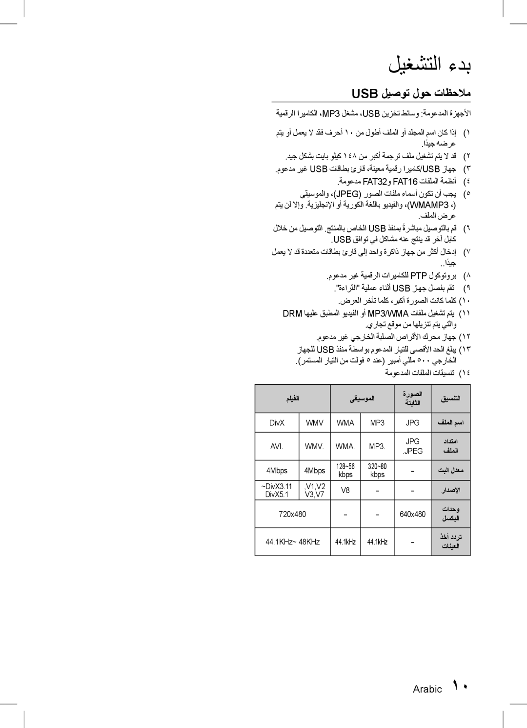 Samsung HT-D555K/HC, HT-D555WK/ZN, HT-D555WK/UM, HT-D555WK/HC, HT-D550WK/UM, HT-D553WK/UM manual Usb ليصوت لوح تاظحلام, Kbps 