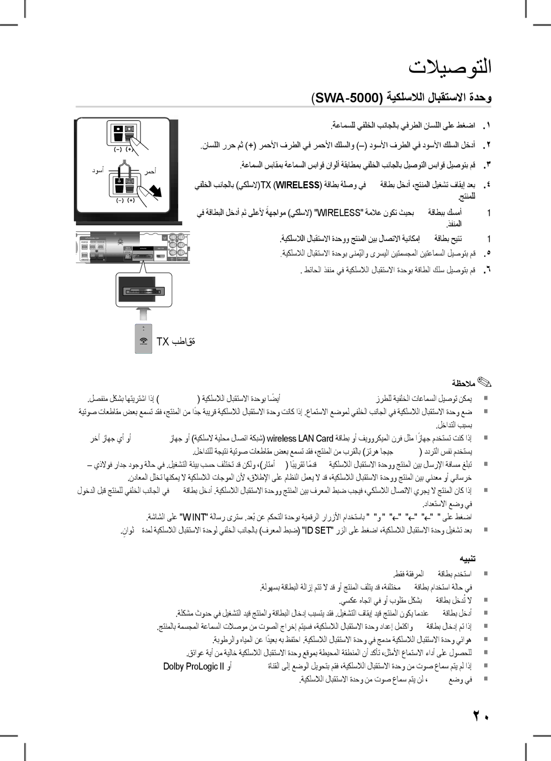 Samsung HT-D550WK/UM SWA-5000 ةيكلسلالا لابقتسلاا ةدحو, Tx بطاقة, ةعامسلل يفلخلا بناجلاب يفرطلا ناسللا ىلع طغضا, جتنملل 