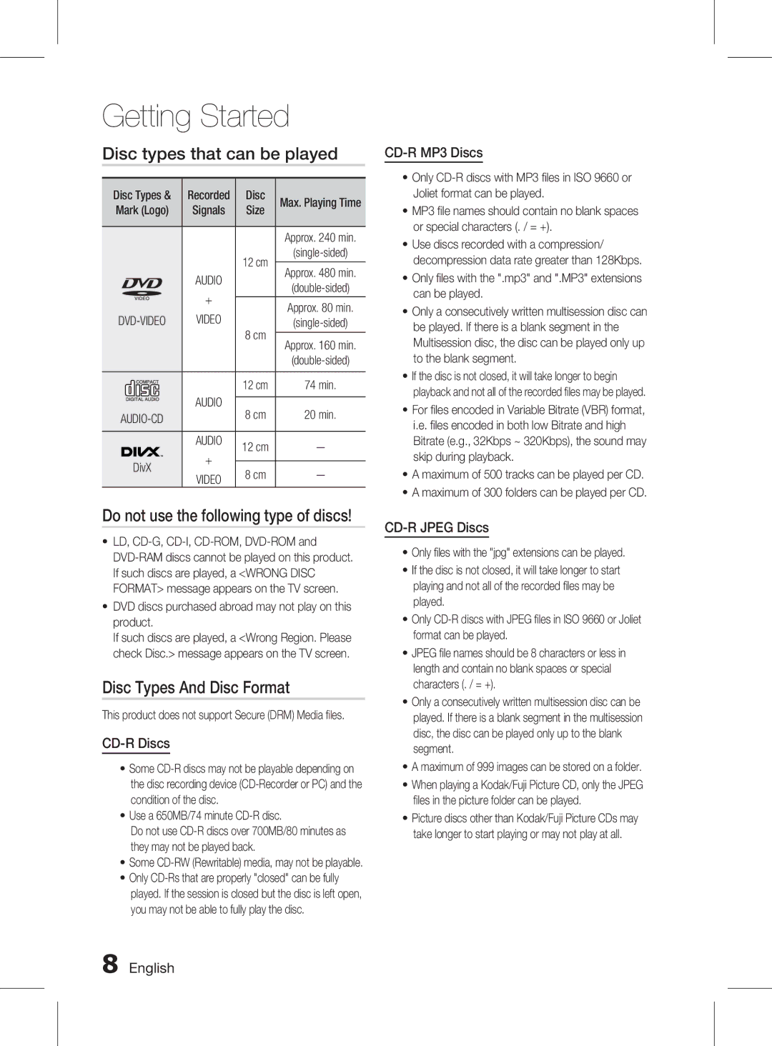 Samsung HT-D555K/HC Disc types that can be played, Disc Types And Disc Format, CD-R Discs, CD-R MP3 Discs, CD-R Jpeg Discs 