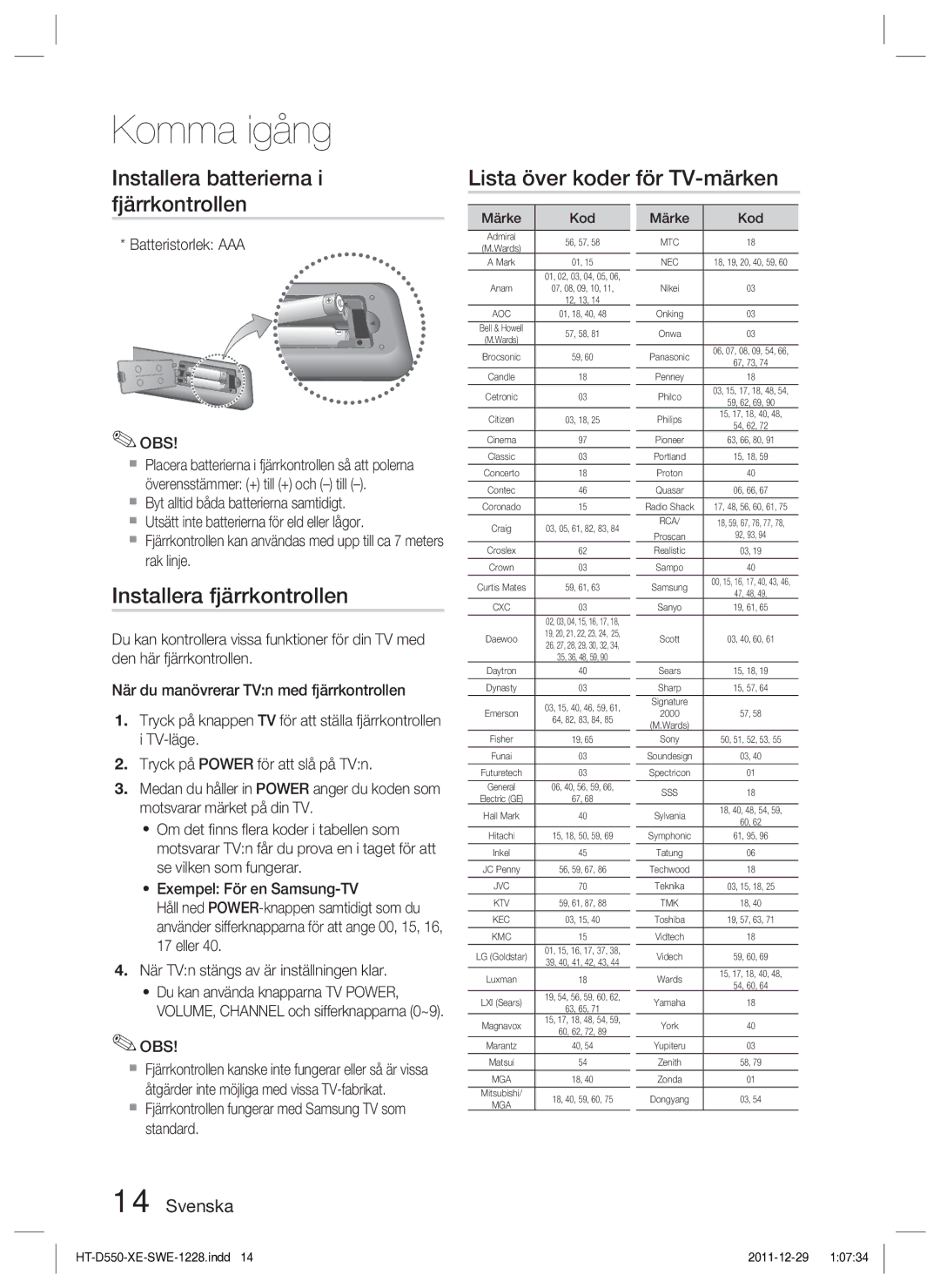 Samsung HT-D555/XE manual Installera fjärrkontrollen, Batteristorlek AAA OBS, Märke Kod 