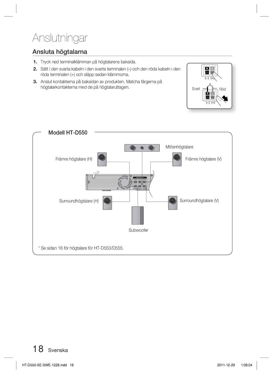 Samsung HT-D555/XE manual Ansluta högtalarna, Modell HT-D550, Främre högtalare H Mittenhögtalare, Röd 