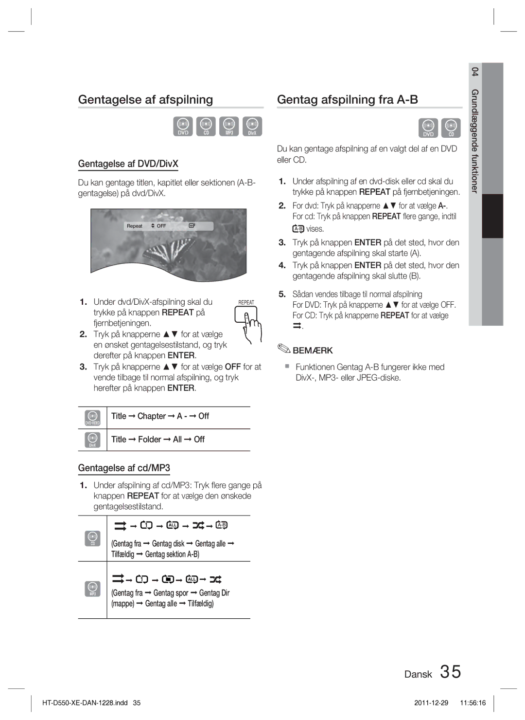 Samsung HT-D555/XE manual Gentagelse af afspilning, Gentag afspilning fra A-B, Gentagelse af DVD/DivX, Gentagelse af cd/MP3 