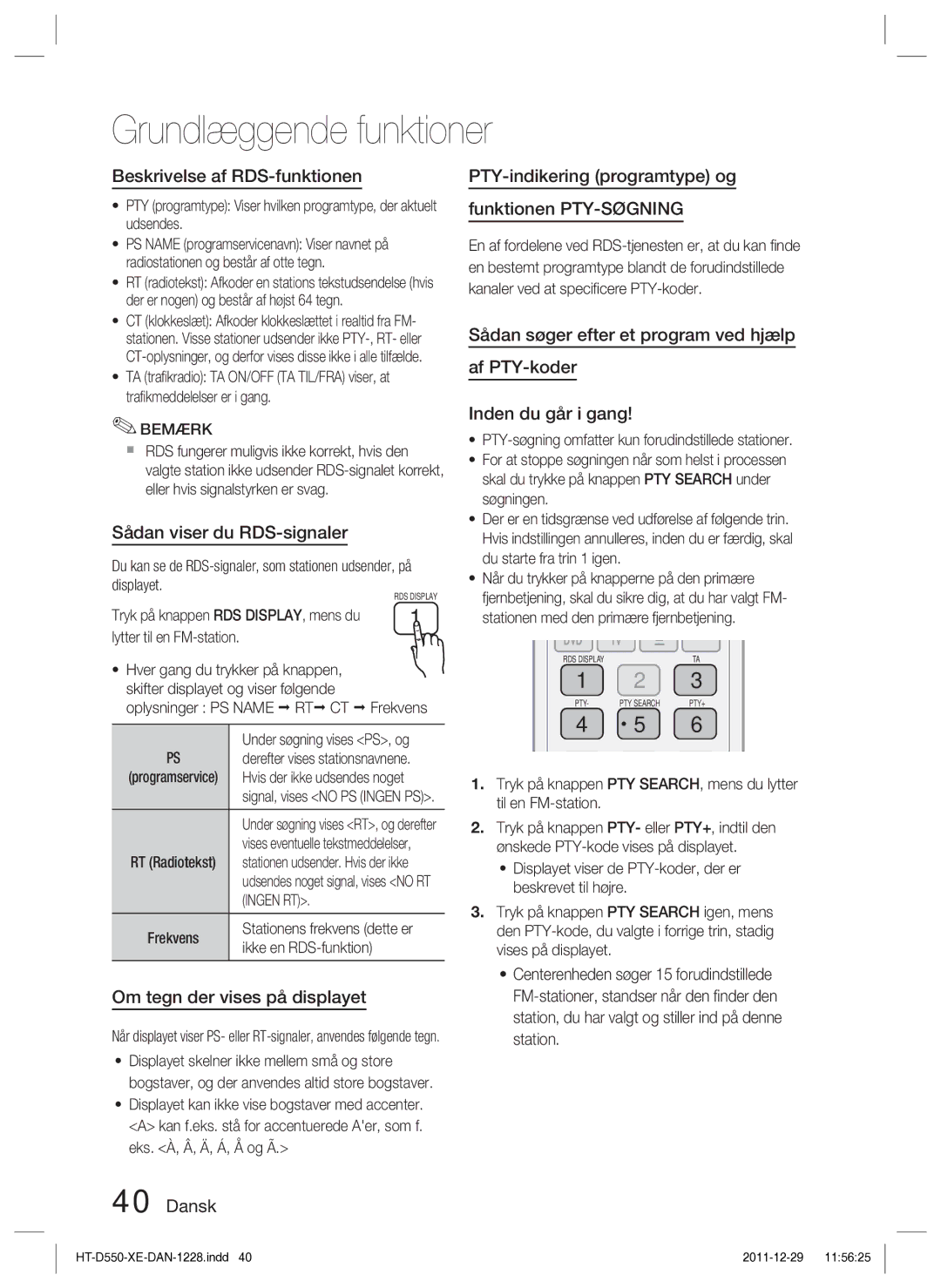 Samsung HT-D555/XE Beskrivelse af RDS-funktionen, Sådan viser du RDS-signaler, Om tegn der vises på displayet, Ingen RT 