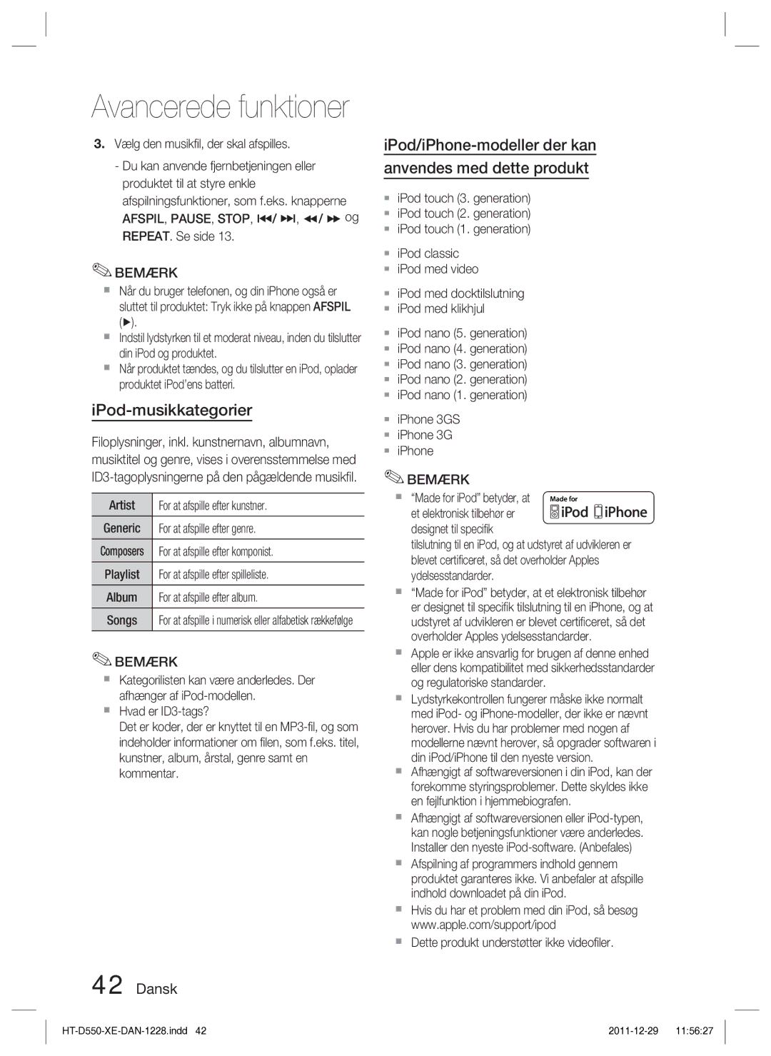 Samsung HT-D555/XE manual IPod-musikkategorier, IPod/iPhone-modeller der kan anvendes med dette produkt 