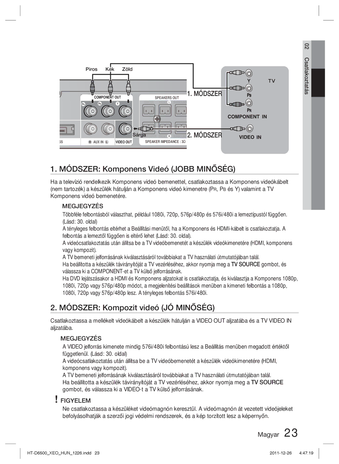 Samsung HT-D6500/EN manual Módszer Komponens Videó Jobb Minőség, Módszer Kompozit videó JÓ Minőség, Piros Kék Zöld 