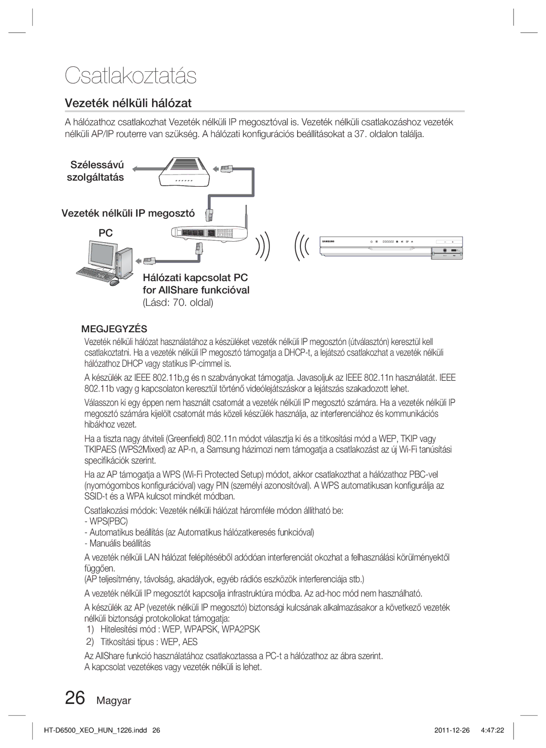 Samsung HT-D6500/EN manual Vezeték nélküli hálózat 