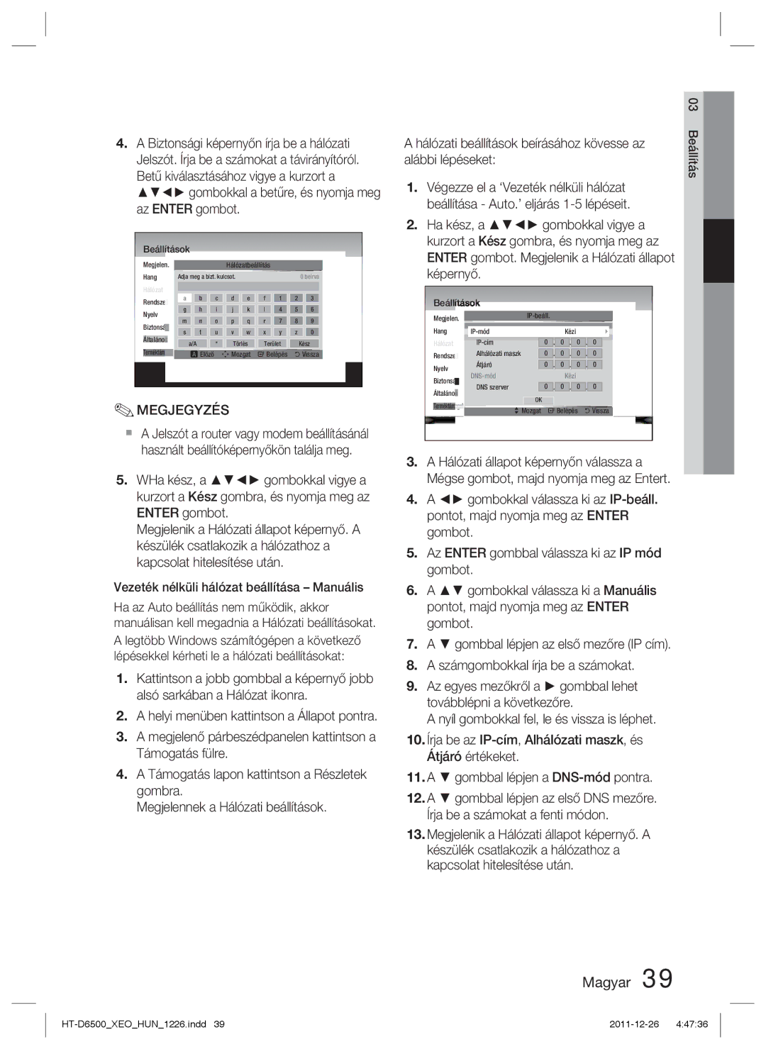 Samsung HT-D6500/EN manual Megjelen.IP-beáll Hang IP-mód 