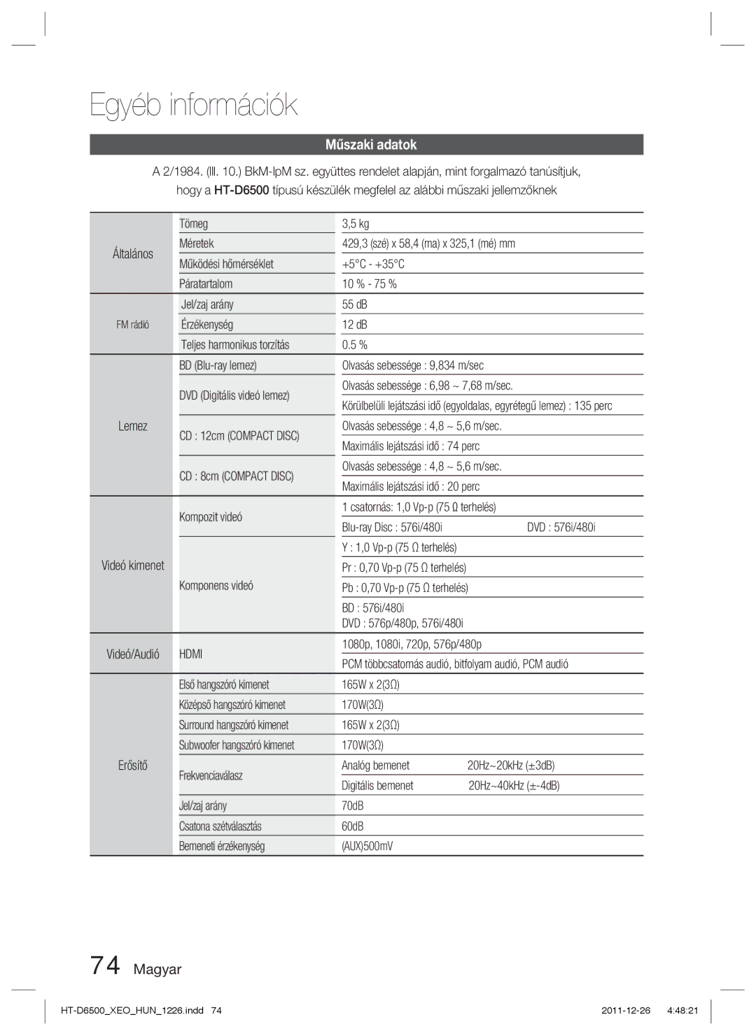 Samsung HT-D6500/EN manual Műszaki adatok 