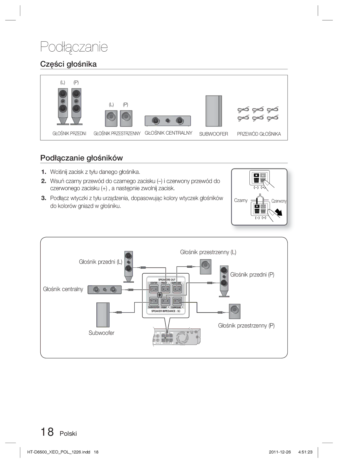 Samsung HT-D6500/EN Części głośnika, Podłączanie głośników, Do kolorów gniazd w głośniku, Głośnik przestrzenny P, Czerwony 