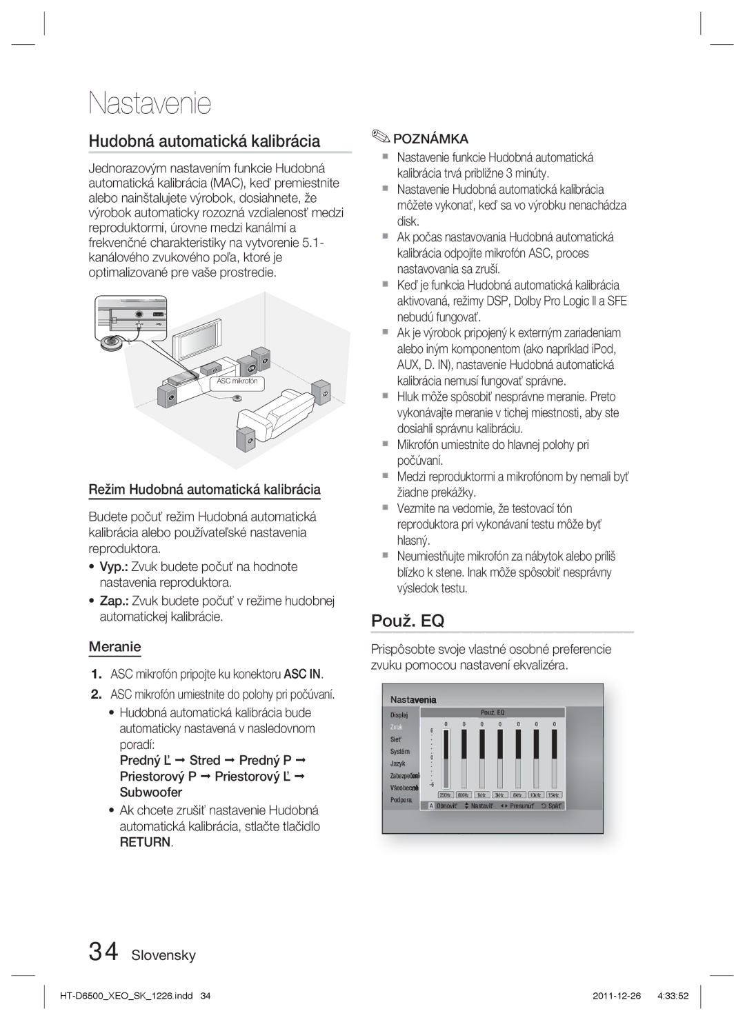 Samsung HT-D6500/EN manual Použ. EQ, Režim Hudobná automatická kalibrácia, Meranie, Return Poznámka 