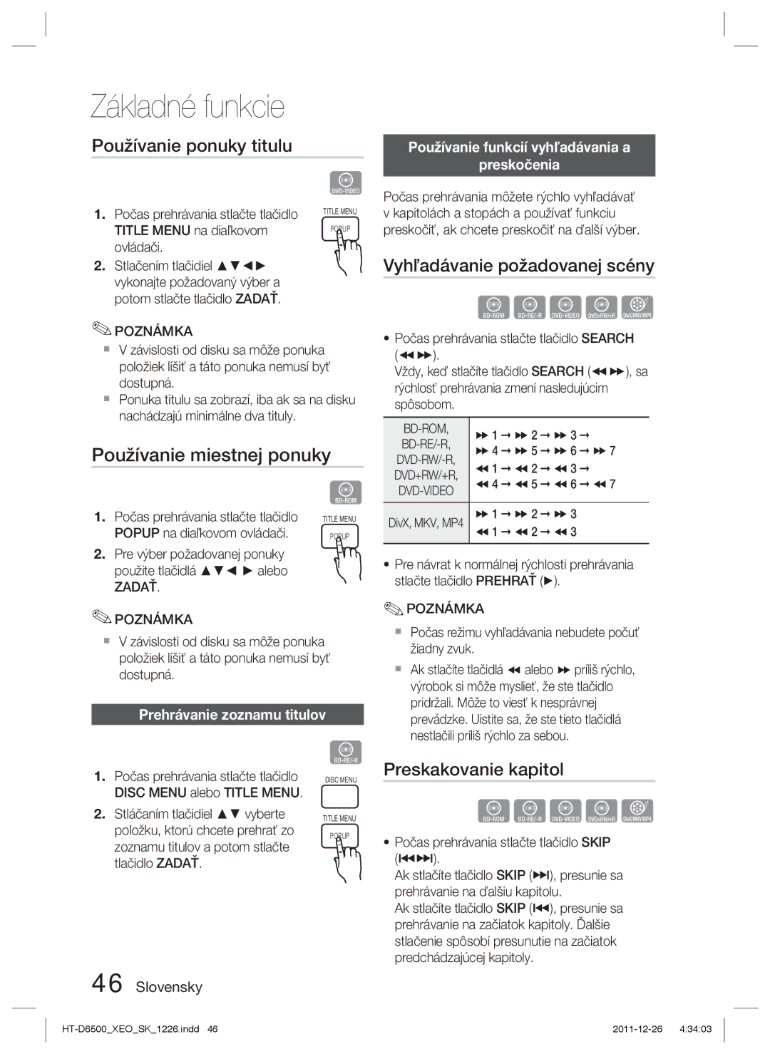 Samsung HT-D6500/EN manual Používanie ponuky titulu, Vyhľadávanie požadovanej scény, Používanie miestnej ponuky 