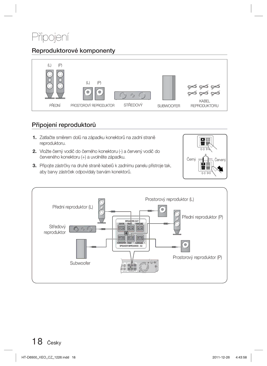 Samsung HT-D6500/EN manual Reproduktorové komponenty, Připojení reproduktorů, 18 Česky, Prostorový reproduktor P Subwoofer 