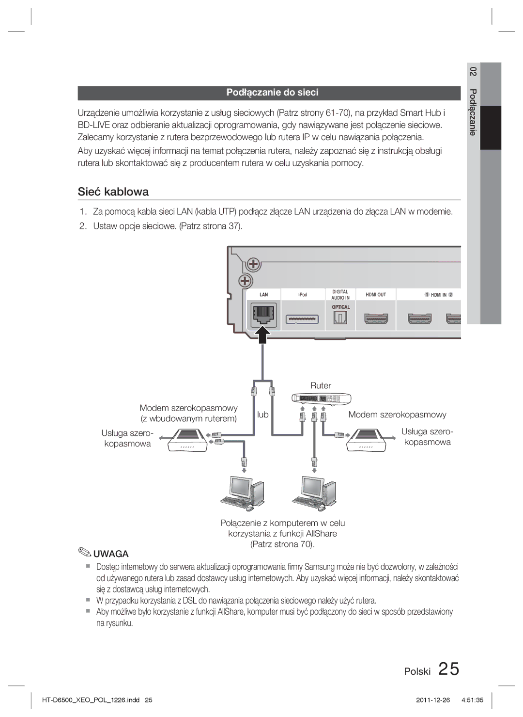 Samsung HT-D6500/EN Podłączanie do sieci, Ustaw opcje sieciowe. Patrz strona, Modem szerokopasmowy z wbudowanym ruterem 