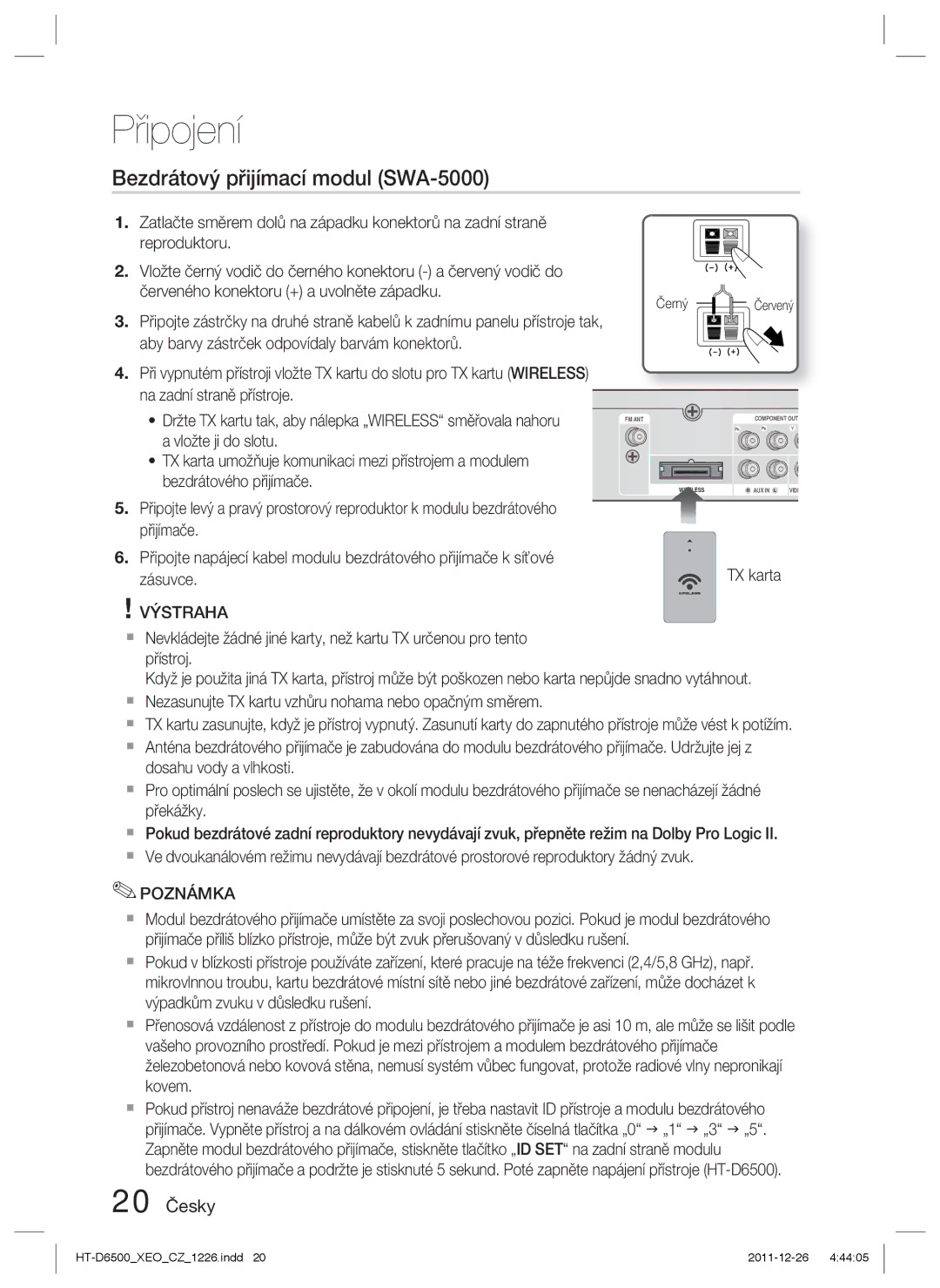 Samsung HT-D6500/EN manual Bezdrátový přijímací modul SWA-5000, 20 Česky 