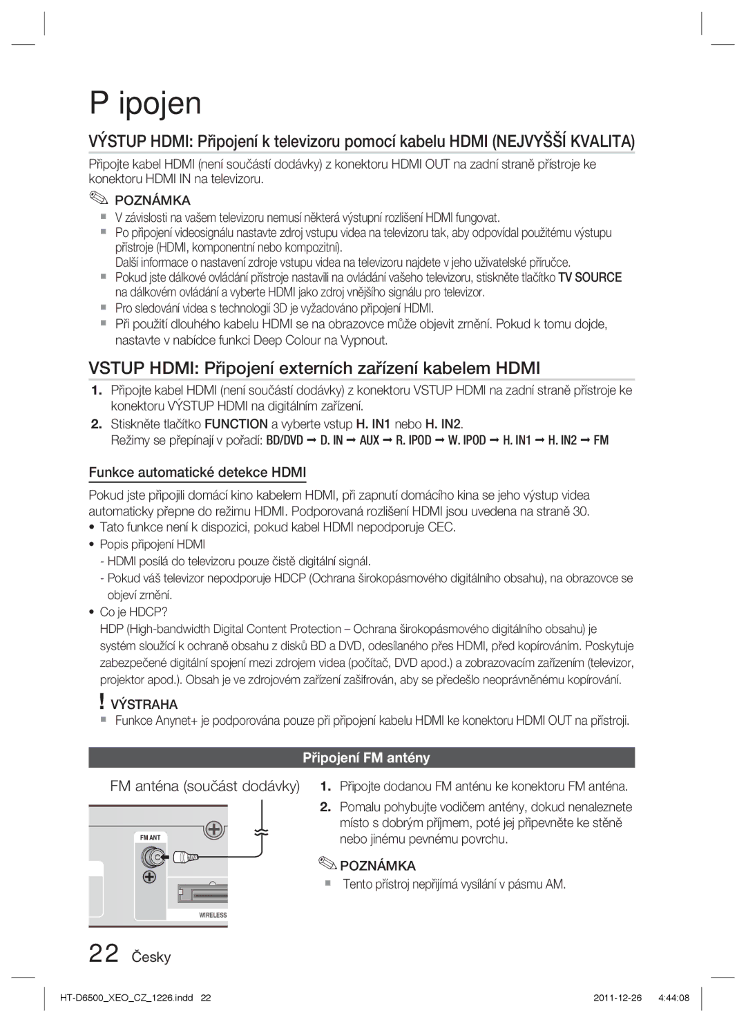 Samsung HT-D6500/EN manual Vstup Hdmi Připojení externích zařízení kabelem Hdmi, Funkce automatické detekce Hdmi, 22 Česky 