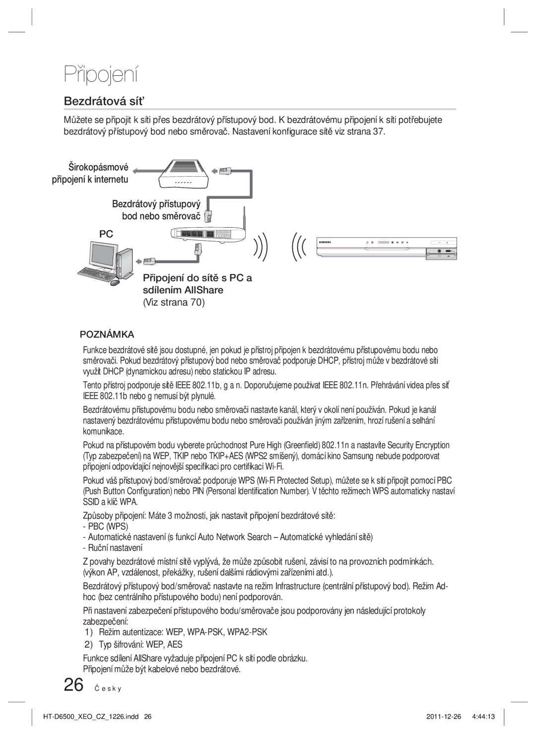 Samsung HT-D6500/EN manual Připojení do sítě s PC a sdílením AllShare Viz strana, 26 Česky, Pbc Wps 