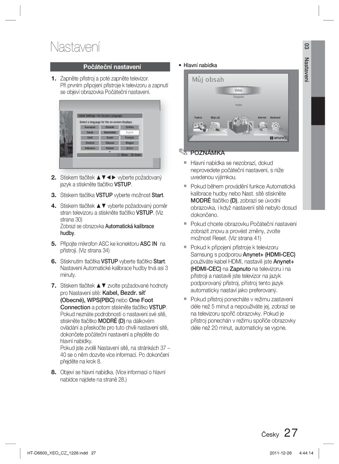 Samsung HT-D6500/EN manual Nastavení, Počáteční nastavení, Zapněte přístroj a poté zapněte televizor, Hlavní nabídka 