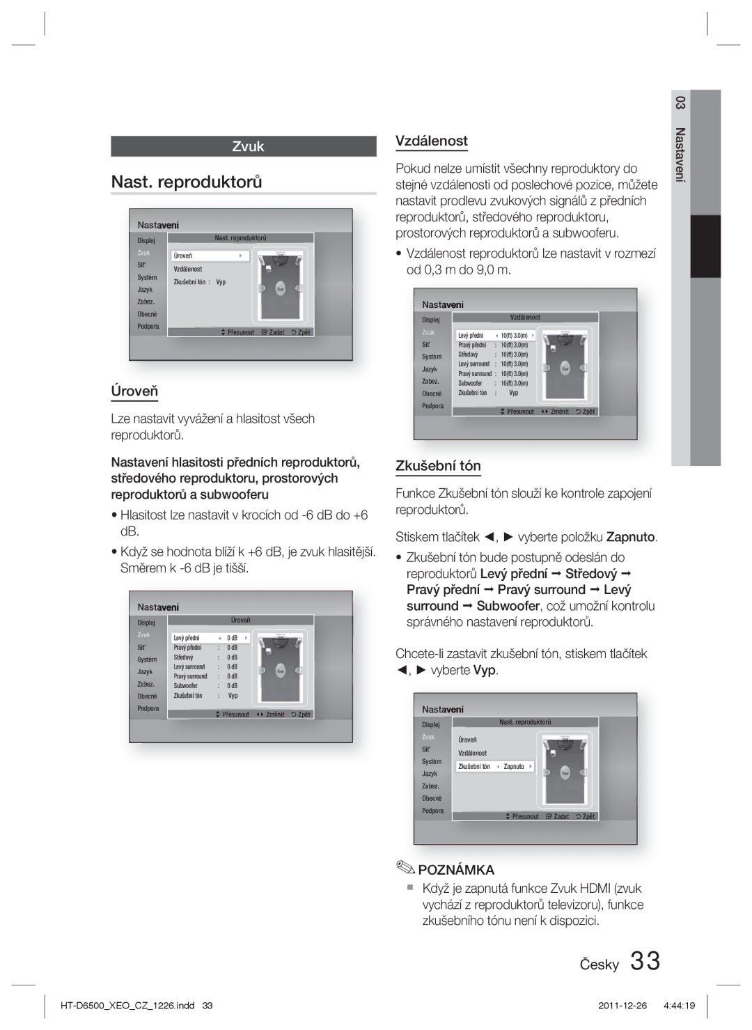 Samsung HT-D6500/EN manual Nast. reproduktorů, Vzdálenost, Zkušební tón, Pokud nelze umístit všechny reproduktory do 