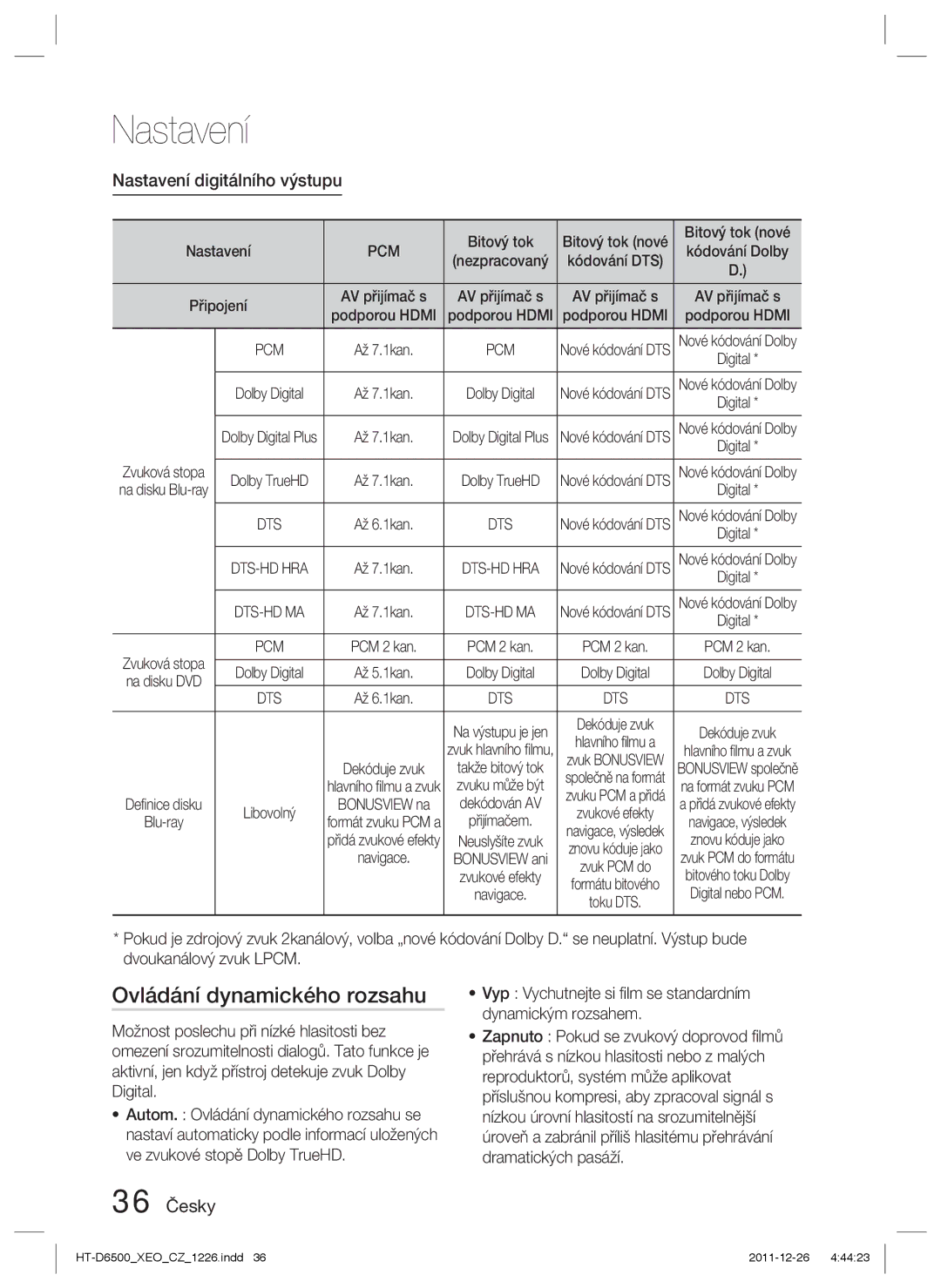 Samsung HT-D6500/EN manual Ovládání dynamického rozsahu, Nastavení digitálního výstupu, 36 Česky, Bitový tok nové 