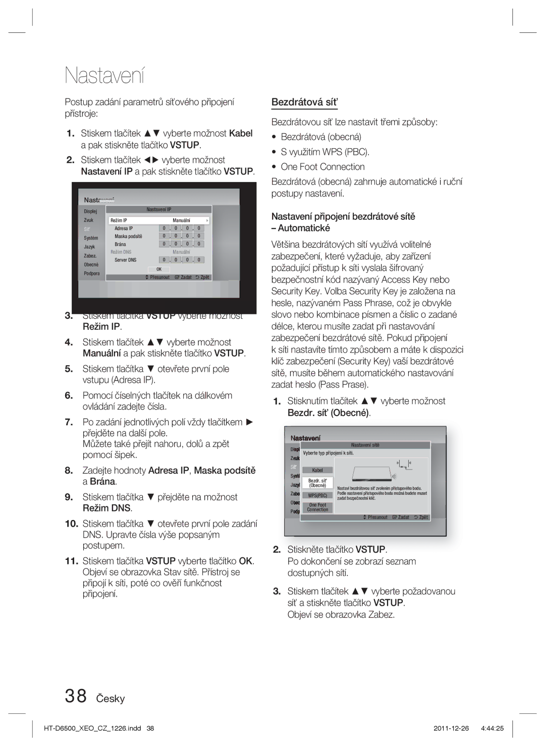 Samsung HT-D6500/EN manual Bezdrátová síť, 38 Česky, Objeví se obrazovka Zabez 