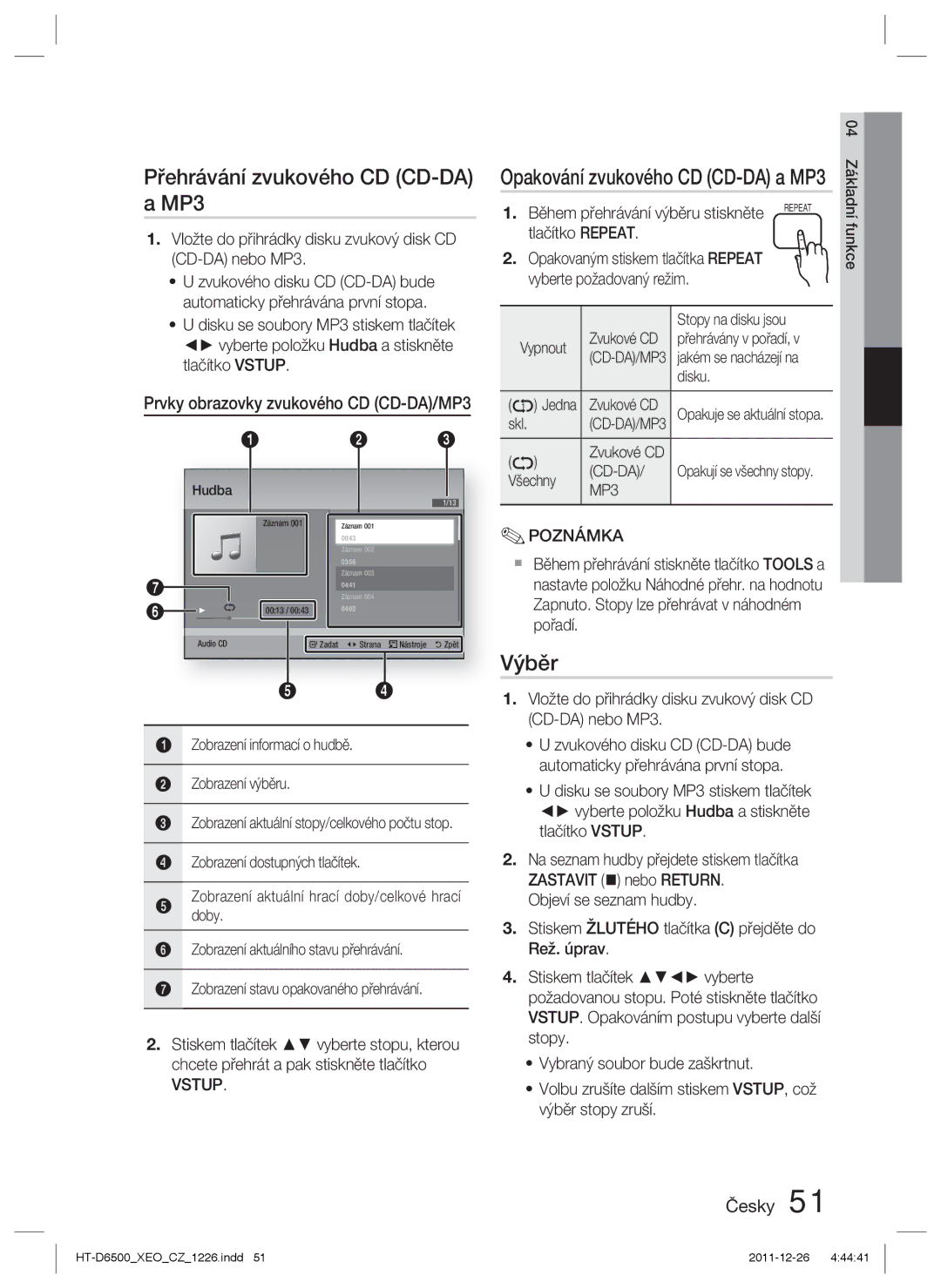 Samsung HT-D6500/EN manual Přehrávání zvukového CD CD-DA MP3, Výběr 