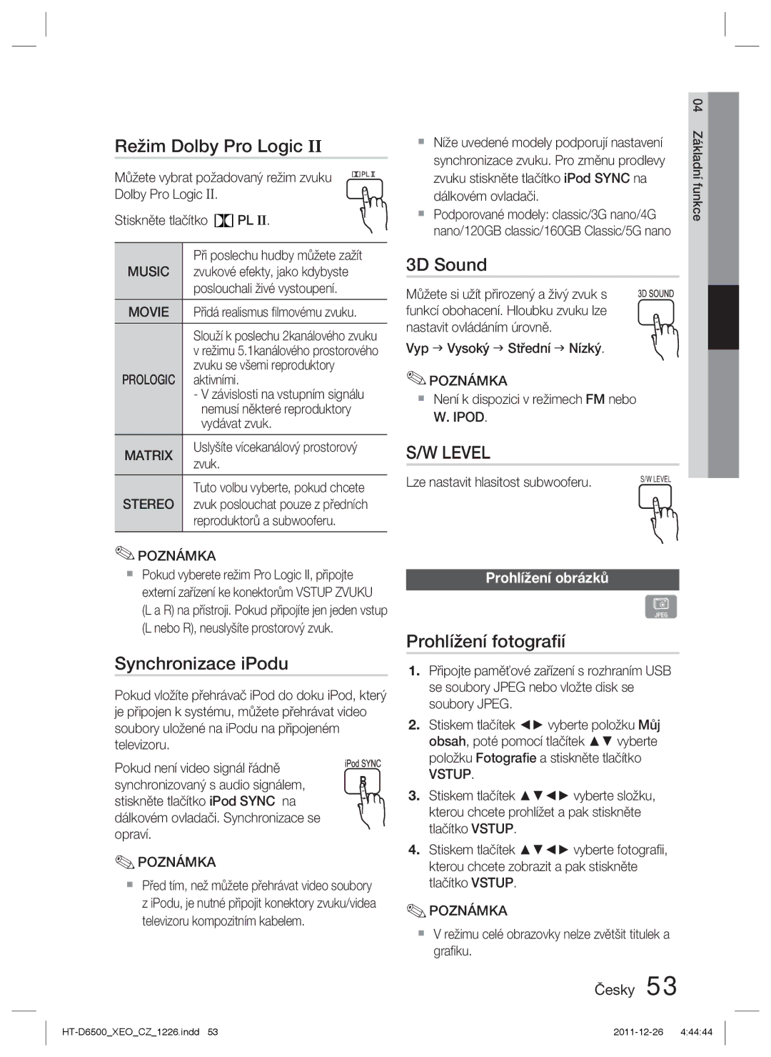 Samsung HT-D6500/EN manual Synchronizace iPodu, Prohlížení fotograﬁí, Prohlížení obrázků 