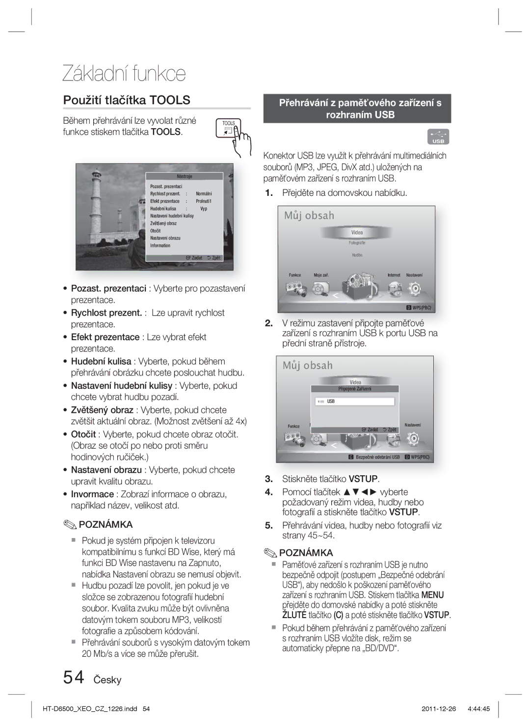 Samsung HT-D6500/EN manual Použití tlačítka Tools, 54 Česky 