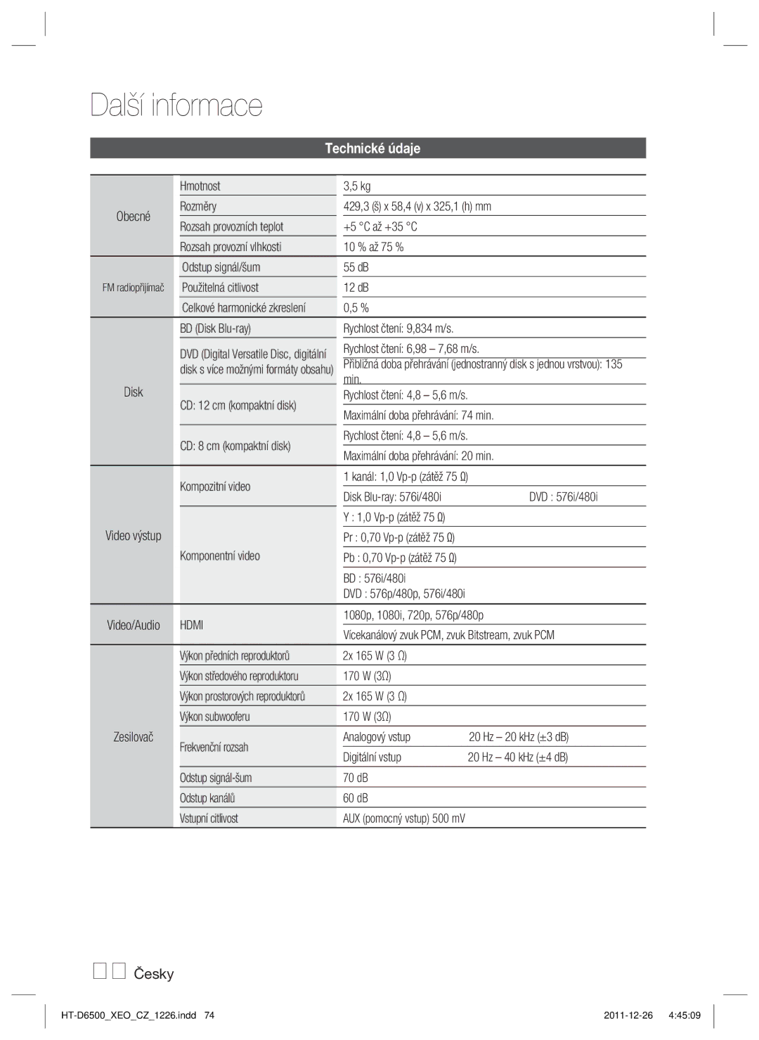 Samsung HT-D6500/EN manual 74 Česky 