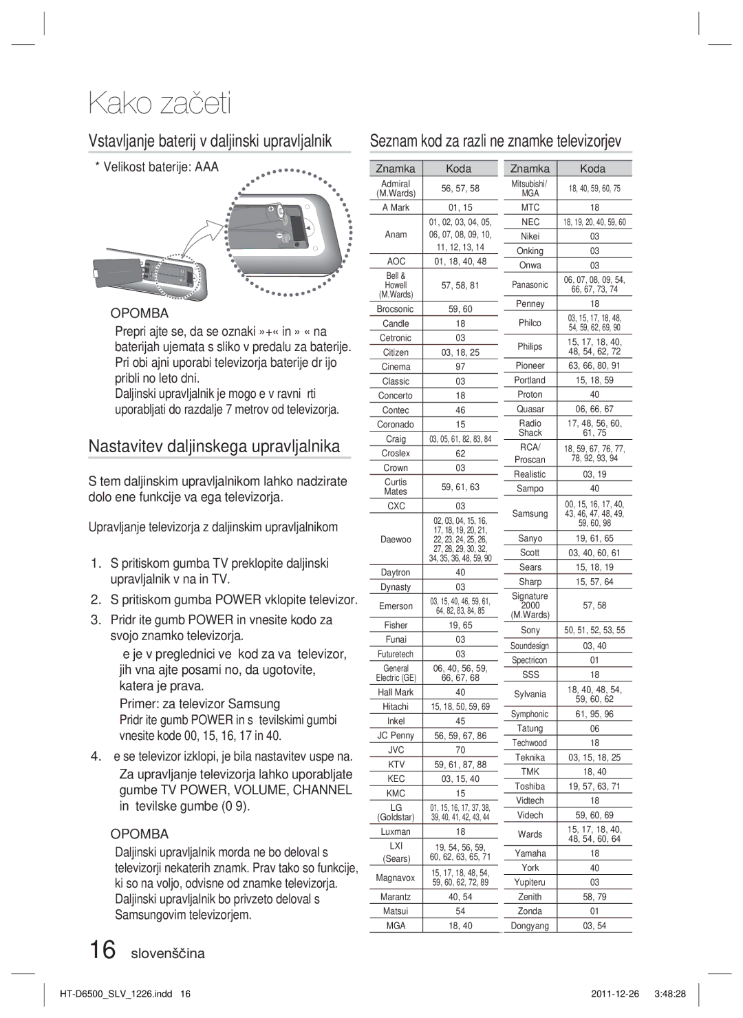 Samsung HT-D6500/EN manual Seznam kod za različne znamke televizorjev, Nastavitev daljinskega upravljalnika, Znamka Koda 