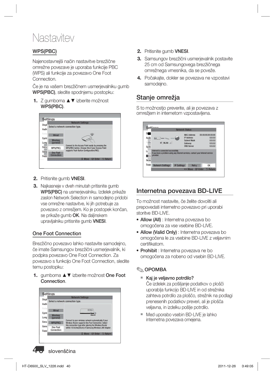 Samsung HT-D6500/EN Stanje omrežja, Internetna povezava BD-LIVE, Počakajte, dokler se povezava ne vzpostavi samodejno 